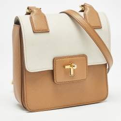 Pre Owned Prada Brown/White Saffiano Cuir Leather Flap Crossbody Bag