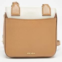 Pre Owned Prada Brown/White Saffiano Cuir Leather Flap Crossbody Bag