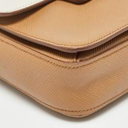 Pre Owned Prada Brown/White Saffiano Cuir Leather Flap Crossbody Bag