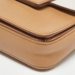 Pre Owned Prada Brown/White Saffiano Cuir Leather Flap Crossbody Bag