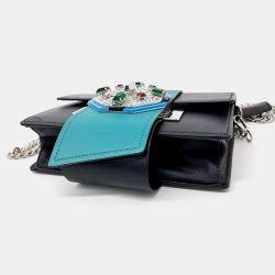 Prada Black/Blue City Calf Jewels Embellished Ribbon Shoulder Bag