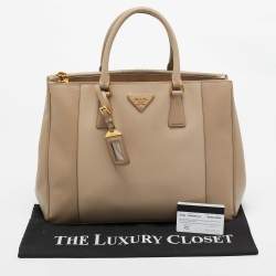 Prada Two Tone Beige Saffiano Lux Leather Large Double Zip Tote