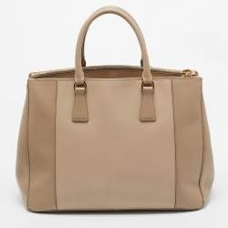 Prada Two Tone Beige Saffiano Lux Leather Large Double Zip Tote