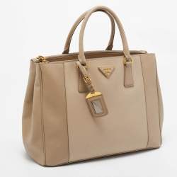 Prada Two Tone Beige Saffiano Lux Leather Large Double Zip Tote