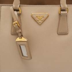 Prada Two Tone Beige Saffiano Lux Leather Large Double Zip Tote