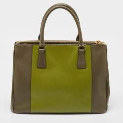 Pre Owned Prada Two Tone Green Saffiano Lux Leather Medium Double Zip Tote