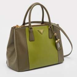 Pre Owned Prada Two Tone Green Saffiano Lux Leather Medium Double Zip Tote