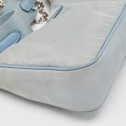 Pre Owned Prada Light Blue Nylon and Leather Re-Edition 2005 Baguette Bag