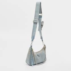 Pre Owned Prada Light Blue Nylon and Leather Re-Edition 2005 Baguette Bag