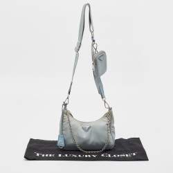 Pre Owned Prada Light Blue Nylon and Leather Re-Edition 2005 Baguette Bag