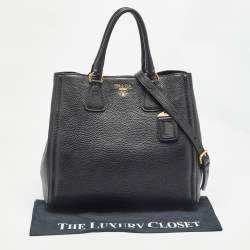 Pre Owned Prada Black Vitello Daino Leather Snap Tote