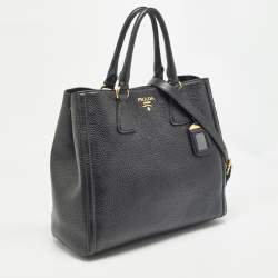 Pre Owned Prada Black Vitello Daino Leather Snap Tote