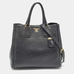 Pre Owned Prada Black Vitello Daino Leather Snap Tote