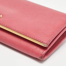 Prada Pink Saffiano Leather Metal Flap Continental Wallet