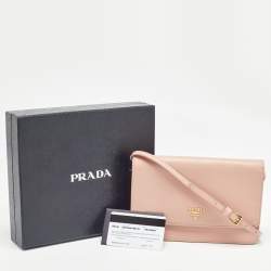 Pre Owned Prada Pink Saffiano Metal Leather Flap Strap Wallet 