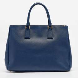 Pre Owned Prada Navy Blue Saffiano Lux Leather Medium Galleria Double Zip Tote