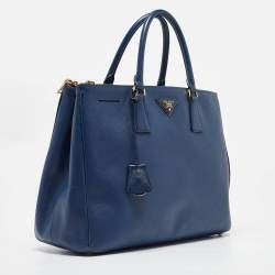 Pre Owned Prada Navy Blue Saffiano Lux Leather Medium Galleria Double Zip Tote
