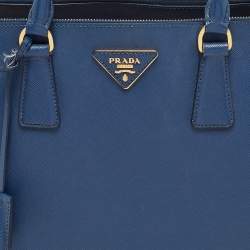 Pre Owned Prada Navy Blue Saffiano Lux Leather Medium Galleria Double Zip Tote
