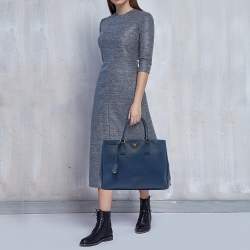 Pre Owned Prada Navy Blue Saffiano Lux Leather Medium Galleria Double Zip Tote