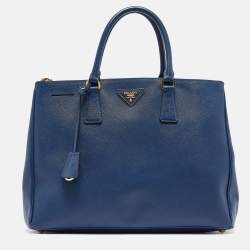 Pre Owned Prada Navy Blue Saffiano Lux Leather Medium Galleria Double Zip Tote