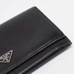 Pre Owned Prada Black Saffiano Metal Leather Logo Flap Continental Wallet