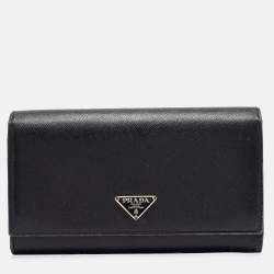 Pre Owned Prada Black Saffiano Metal Leather Logo Flap Continental Wallet