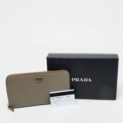 Prada Grey Saffiano Oro Leather Cheque Book Zip Wallet