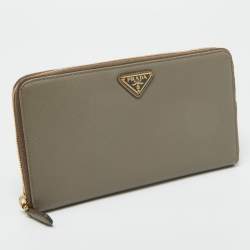 Prada Grey Saffiano Oro Leather Cheque Book Zip Wallet