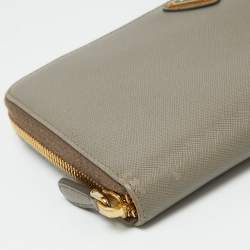 Prada Grey Saffiano Oro Leather Cheque Book Zip Wallet