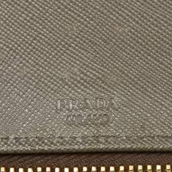 Prada Grey Saffiano Oro Leather Cheque Book Zip Wallet