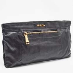 Prada Black Soft Leather Zip Clutch