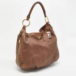 Pre Owned Prada Brown Cervo Leather Side Zip Hobo