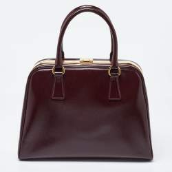 Prada Burgundy Saffiano Vernice Leather Pyramid Frame Satchel