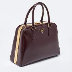 Prada Burgundy Saffiano Vernice Leather Pyramid Frame Satchel