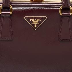 Prada Burgundy Saffiano Vernice Leather Pyramid Frame Satchel
