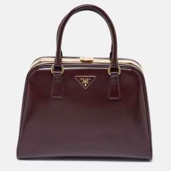 Prada Burgundy Saffiano Vernice Leather Pyramid Frame Satchel