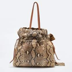 Pre Owned Prada Beige/Brown Python and Leather Bow Drawstring Tote