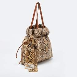 Pre Owned Prada Beige/Brown Python and Leather Bow Drawstring Tote