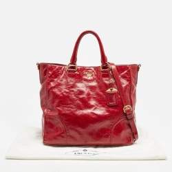 Pre Owned Prada Red Vitello Shine Leather Logo Shopper Tote
