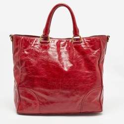 Pre Owned Prada Red Vitello Shine Leather Logo Shopper Tote