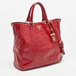 Pre Owned Prada Red Vitello Shine Leather Logo Shopper Tote