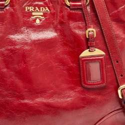 Pre Owned Prada Red Vitello Shine Leather Logo Shopper Tote