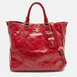 Pre Owned Prada Red Vitello Shine Leather Logo Shopper Tote