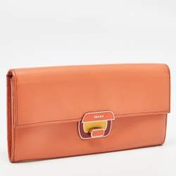 Prada Orange Leather Pushlock Flap Continental Wallet