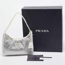 Prada Off White Satin Crystal Embellished Re-Edition 2000 Baguette Bag