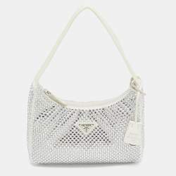Prada Off White Satin Crystal Embellished Re-Edition 2000 Baguette Bag