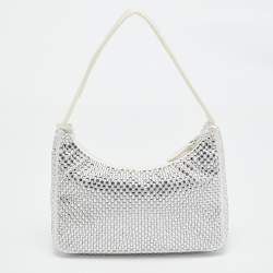 Prada Off White Satin Crystal Embellished Re-Edition 2000 Baguette Bag