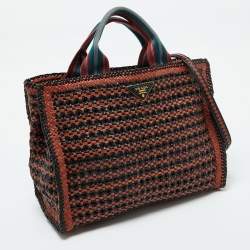 Pre Owned Prada Black/Brown Woven Leather Madras Tote