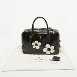 Pre Owned Prada Black Saffiano Patent Leather Floral Bauletto Bag