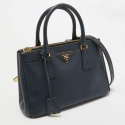 Pre Owned Prada Navy Blue Saffiano Lux Leather Small Double Zip Tote